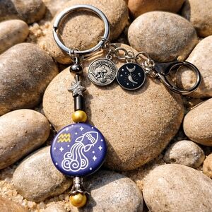 Aquarius Zodiac Keychain Bag Charm Moon & Stars Eye Gold Accents Unisex Water